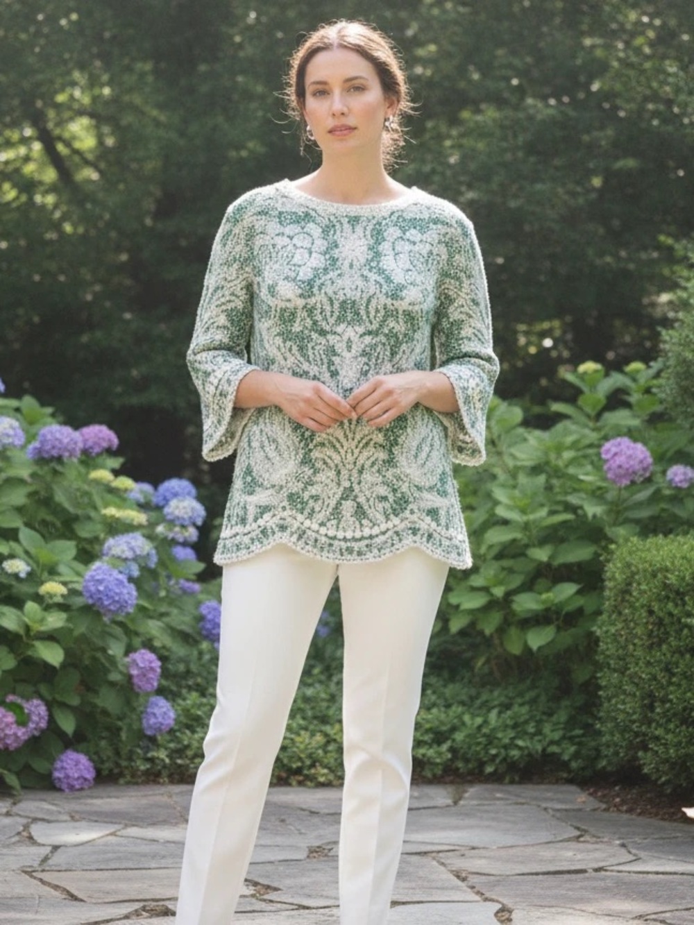 Solitaire Women's Boho Chic Top W/ White Embroidery in Green. Size Small